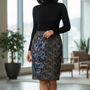 Escada Tweed Floral Pencil Skirt Size EU 38